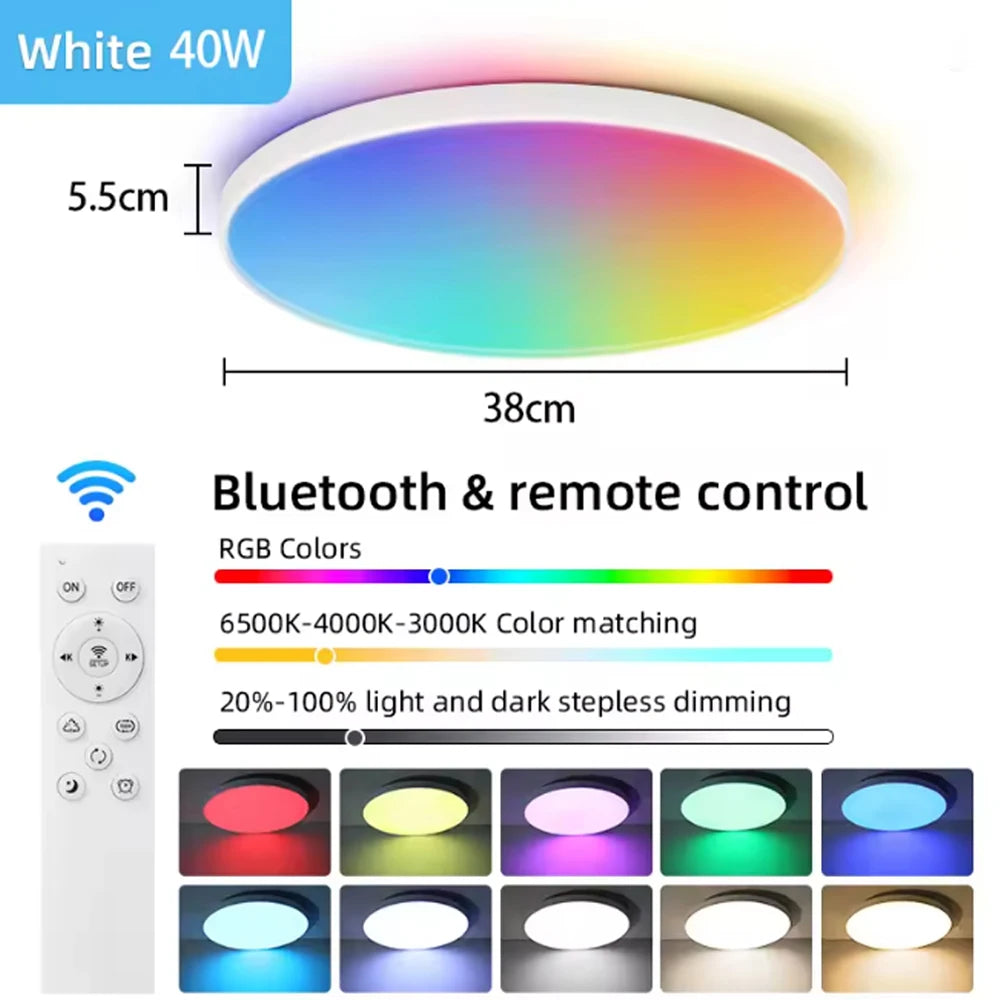 Lámpara de techo inteligente con panel LED regulable a distancia y control Bluetooth para sala de estar, fiesta, decoración RGB