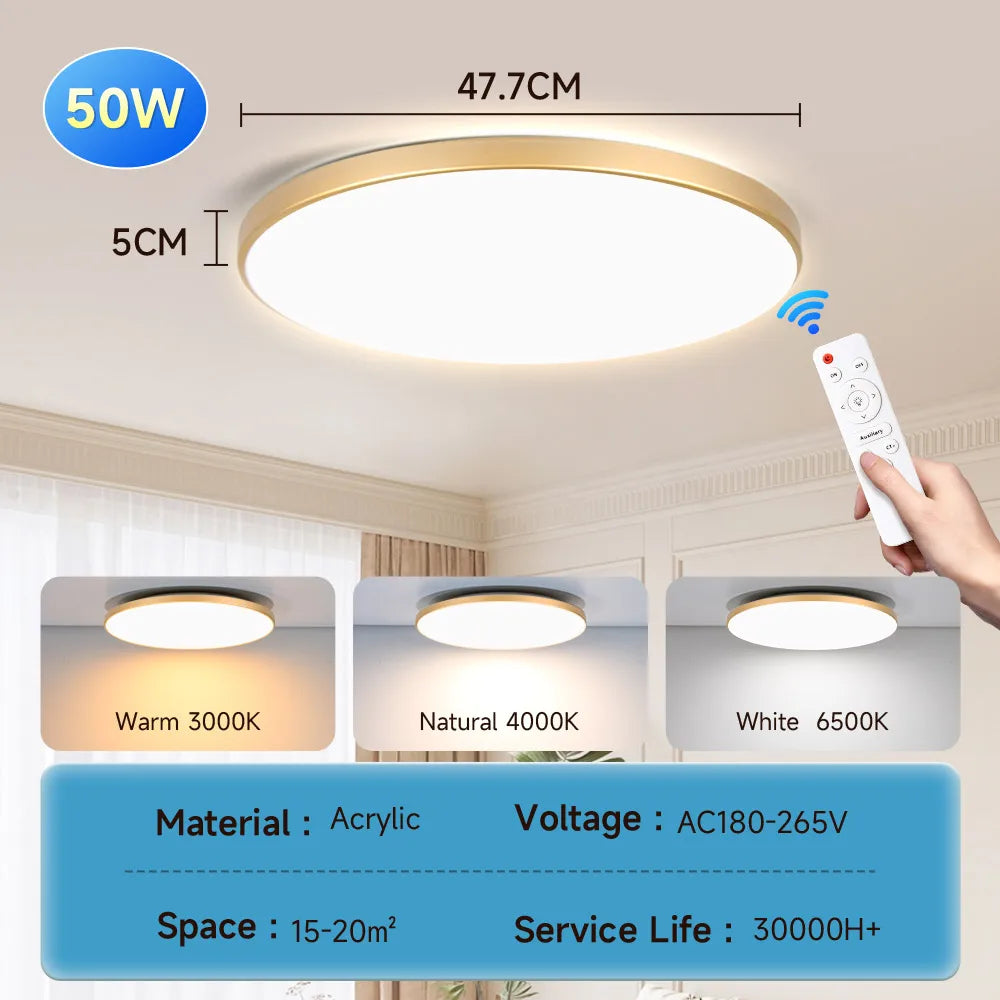 Lámpara de techo LED con atenuación continua, resistente al agua, con control remoto, 30 W, 40 W y 50 W, para sala de estar, dormitorio, cocina.