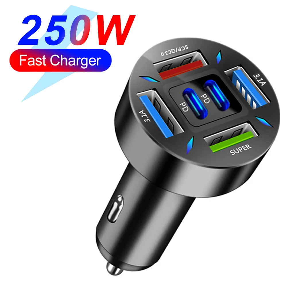 Cargador de coche de 2 a 6 puertos, carga rápida PD QC3.0, USB C, adaptador tipo C para iPhone, Samsung, Huawei y Xiaomi.