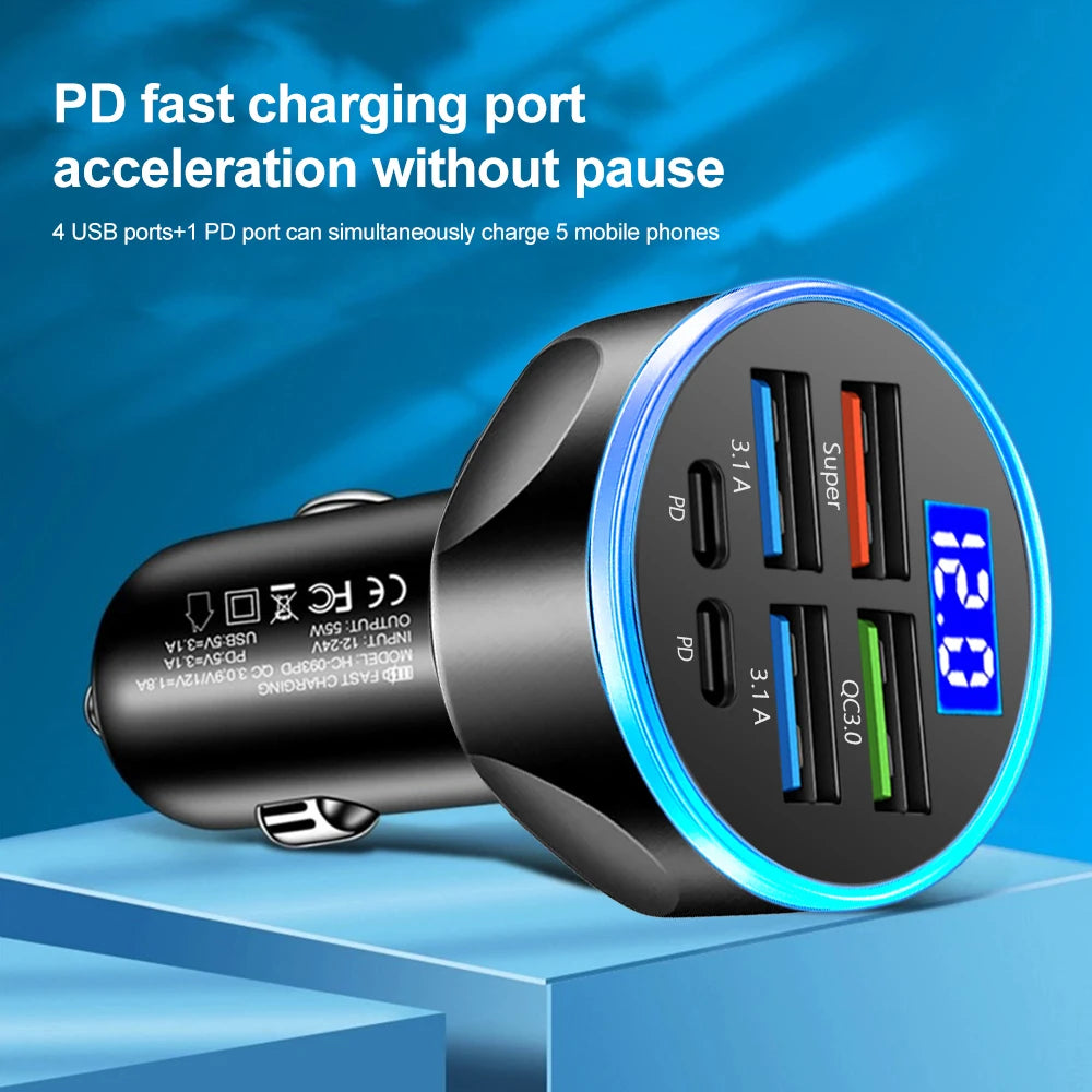 Cargador de coche de 2 a 6 puertos, carga rápida PD QC3.0, USB C, adaptador tipo C para iPhone, Samsung, Huawei y Xiaomi.