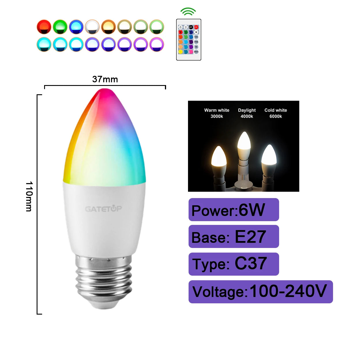 Bombilla LED RGBW inteligente, 1-10 unidades, E27, E14, B22, GU10, con control remoto por infrarrojos, ideal para iluminación colorida del hogar.