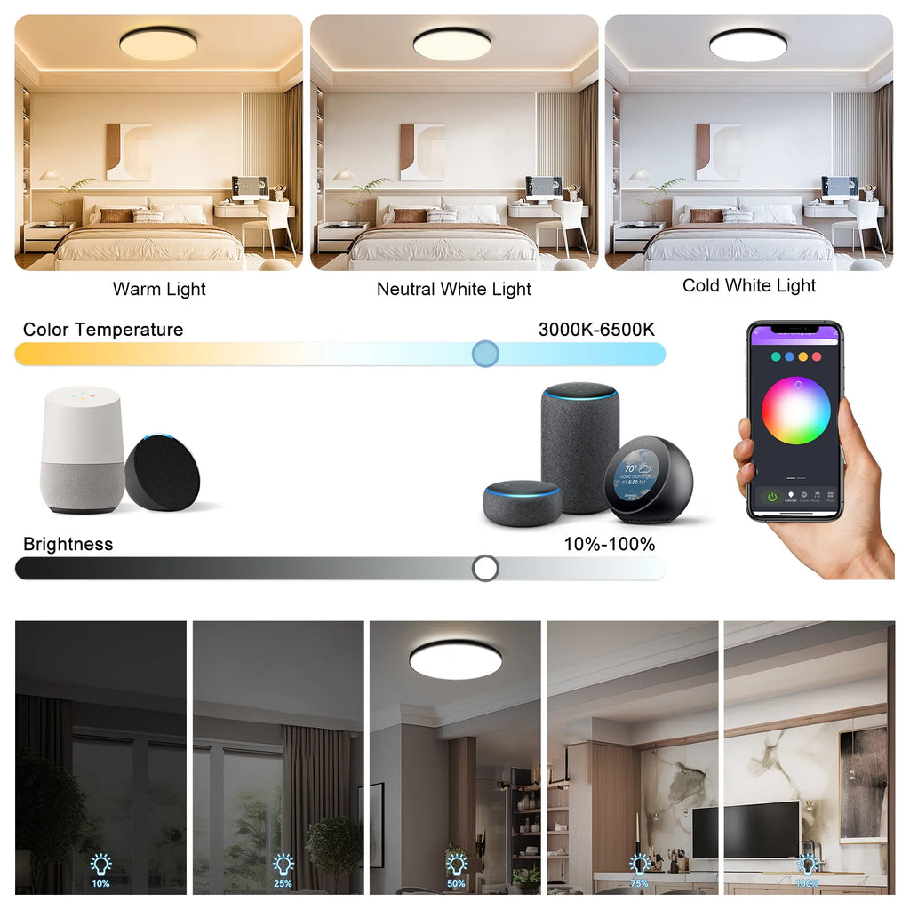 Lámpara de techo inteligente con panel LED regulable a distancia y control Bluetooth para sala de estar, fiesta, decoración RGB