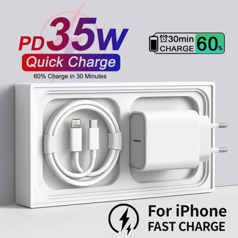 Cargador rápido USB-C PD de 35 W para iPhone 13, 14 Pro Max, 11, 12 mini, X, XR, XS Max, 8 Plus, cable de carga rápida de 1 m, 1,5 m y 2 m