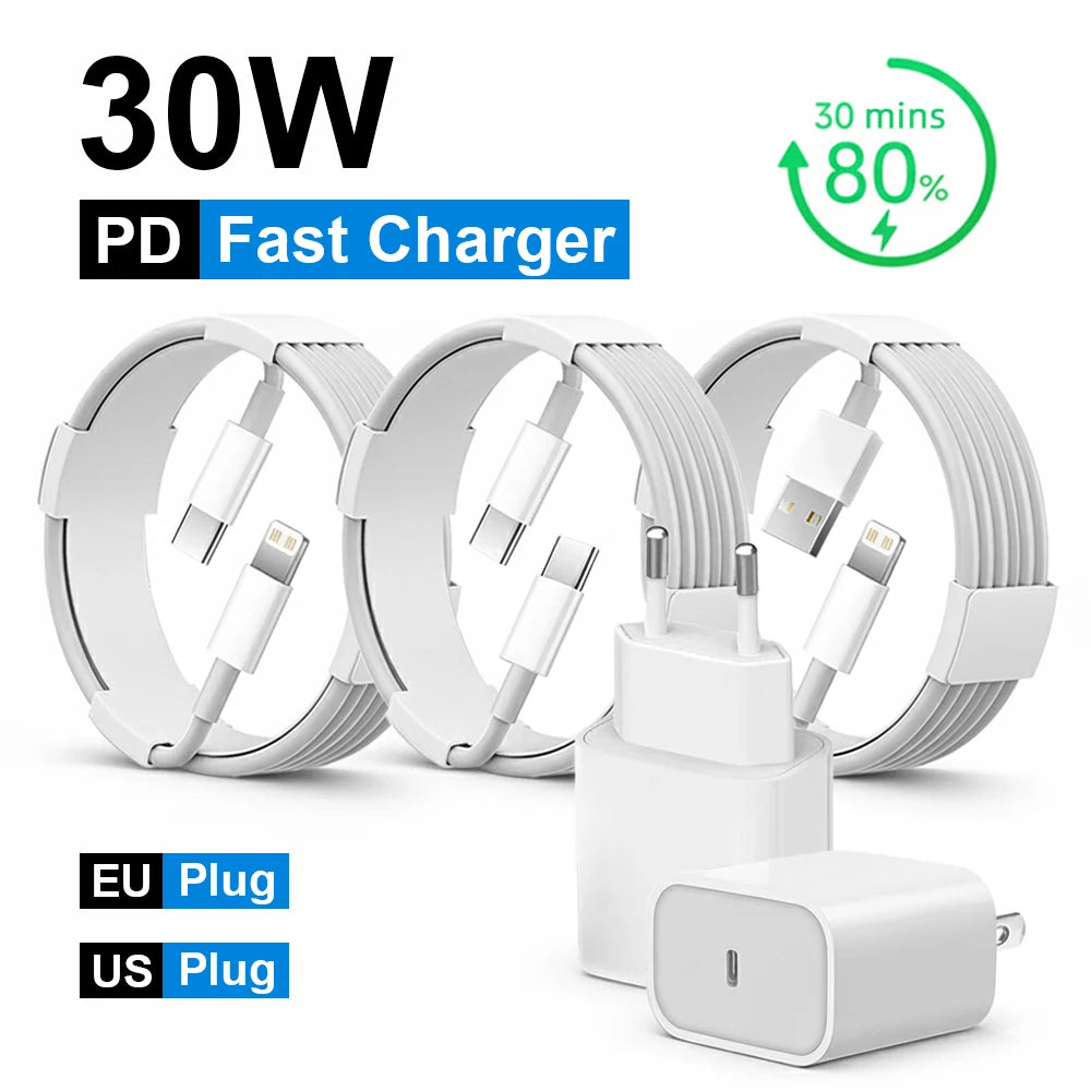 Cargador rápido PD de 30 W para iPhone 14, 13 y 12. Cable de carga rápida USB C a Lightning para iPhone 17, 16 y 15 Pro Max. Adaptador de corriente tipo C.