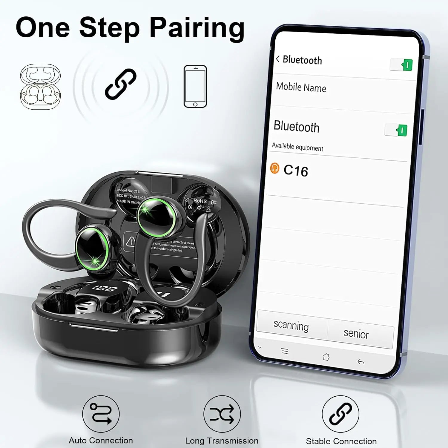 Auriculares inalámbricos deportivos Bluetooth 5.4 con 50 horas de reproducción, micrófono con cancelación de ruido ENC y graves profundos para fitness.