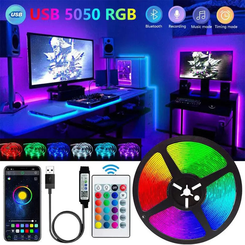 Tira de luces LED con Bluetooth SMD 5050 RGB, control remoto por aplicación, cinta flexible de diodo, iluminación de fondo para TV, sala de juegos, decoración del hogar