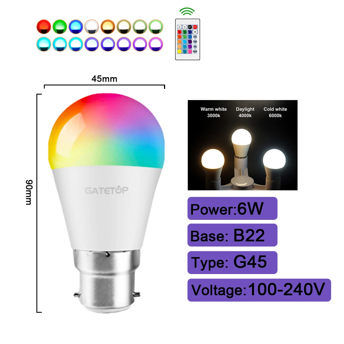 Bombilla LED RGBW inteligente, 1-10 unidades, E27, E14, B22, GU10, con control remoto por infrarrojos, ideal para iluminación colorida del hogar.