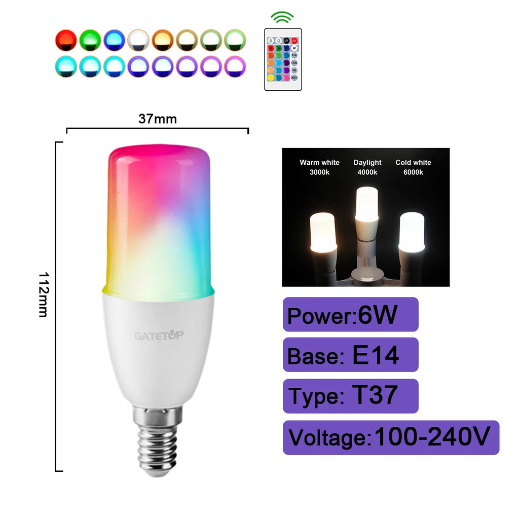 Bombilla LED RGBW inteligente, 1-10 unidades, E27, E14, B22, GU10, con control remoto por infrarrojos, ideal para iluminación colorida del hogar.