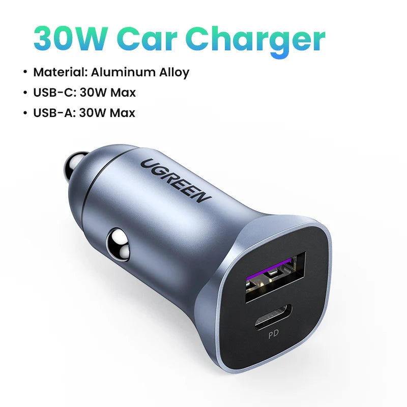 Cargador de coche UGREEN tipo C, cargador USB rápido para iPhone 17, 16, 15, Xiaomi, carga rápida 4.0 3.0, cargador de teléfono móvil PD