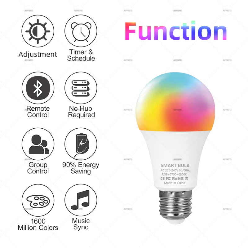 Bombillas LED Tuya con Bluetooth, regulables, 15 W, 18 W, E27, B22, 220 V, RGBCW, cambio de color, aplicación Smart Life, control grupal, ritmo musical y temporizador.