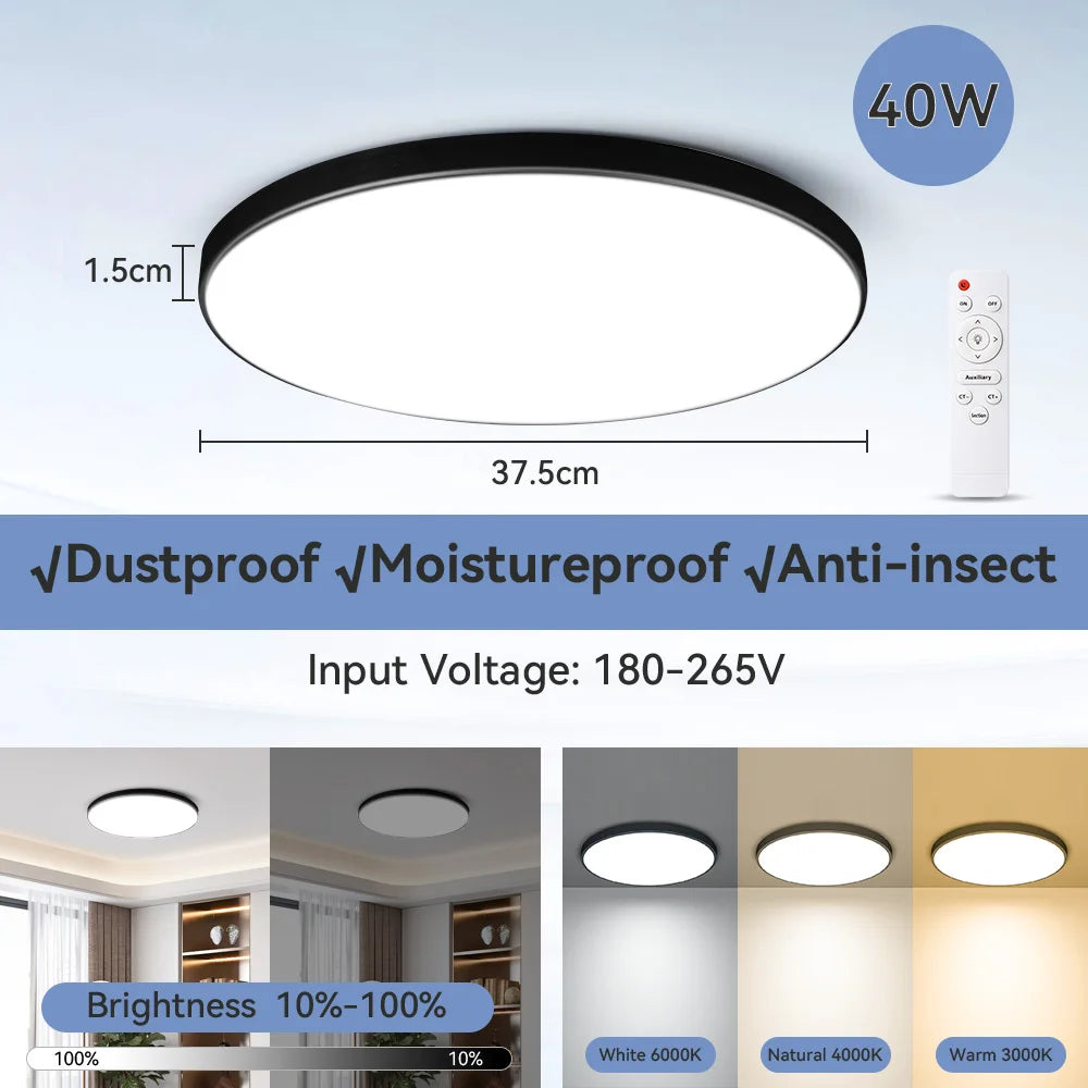 Lámpara de techo LED con atenuación continua, resistente al agua, con control remoto, 30 W, 40 W y 50 W, para sala de estar, dormitorio, cocina.