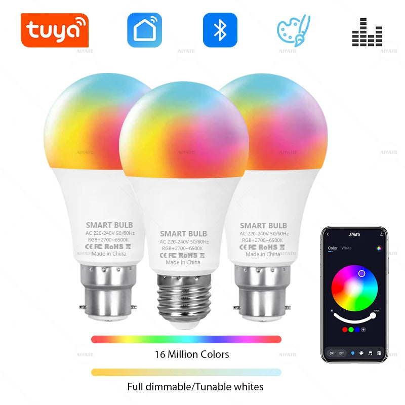 Bombillas LED Tuya con Bluetooth, regulables, 15 W, 18 W, E27, B22, 220 V, RGBCW, cambio de color, aplicación Smart Life, control grupal, ritmo musical y temporizador.