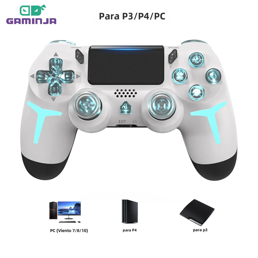 Controlador de juegos inalámbrico GAMINJA RGB Light para consola PS4 PS3, computadora, PC, LED, Bluetooth, giroscopio de 6 ejes, doble vibración