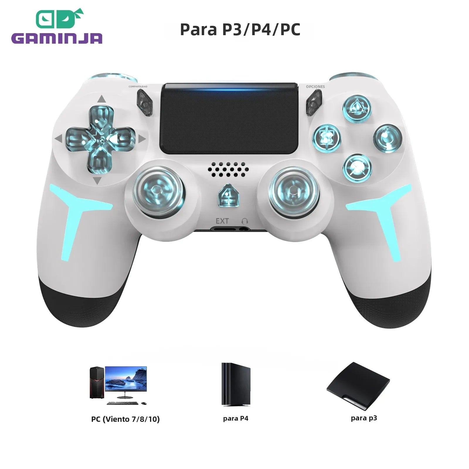 Controlador de juegos inalámbrico GAMINJA RGB Light para consola PS4 PS3, computadora, PC, LED, Bluetooth, giroscopio de 6 ejes, doble vibración