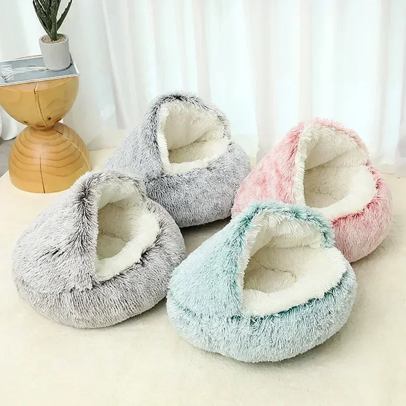 Casa para gatos de invierno de felpa, cama redonda para gatos, cojín grueso y cálido, cesta para gatos, saco de dormir para mascotas, nido para gatitos, perrera para gatos pequeños.