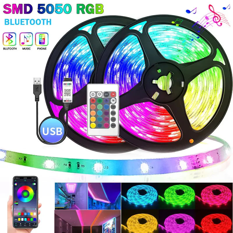Tira de luces LED USB RGB 5050 SMD de 5 V, con Bluetooth, wifi, control remoto por aplicación, retroiluminación de TV, cinta LED para bodas