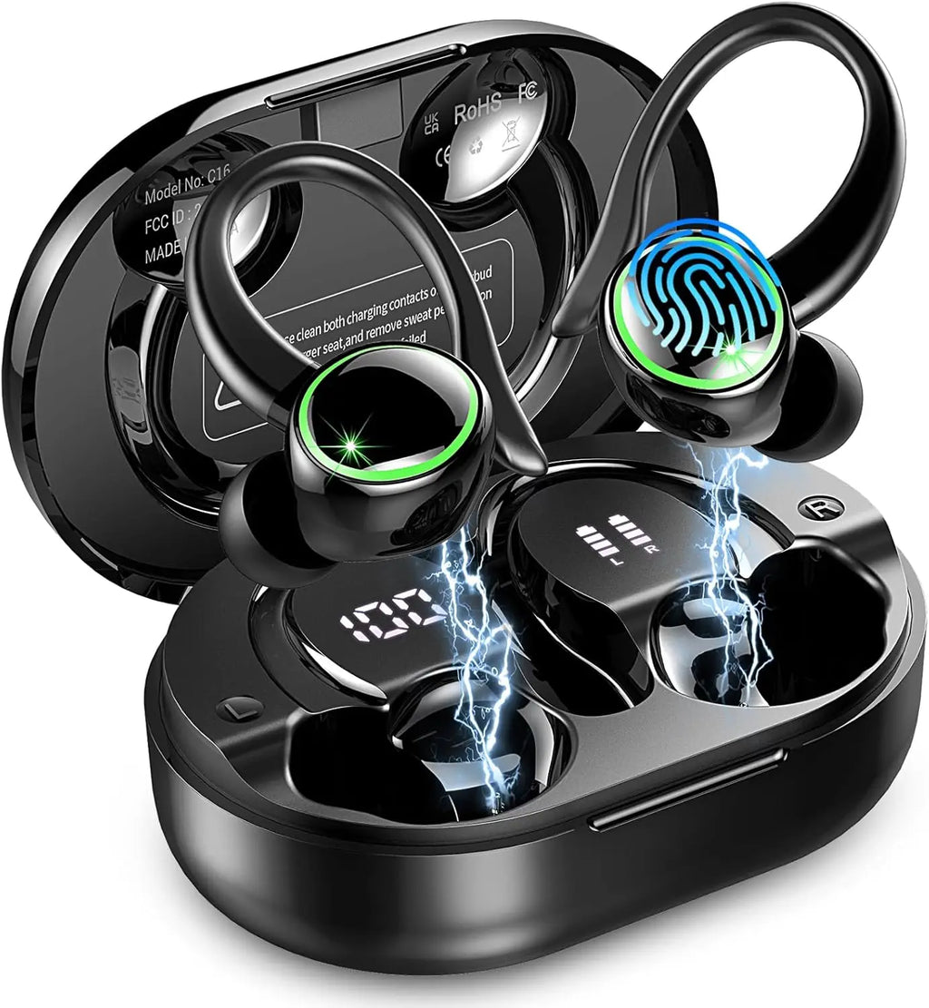 Auriculares inalámbricos deportivos Bluetooth 5.4 con 50 horas de reproducción, micrófono con cancelación de ruido ENC y graves profundos para fitness.