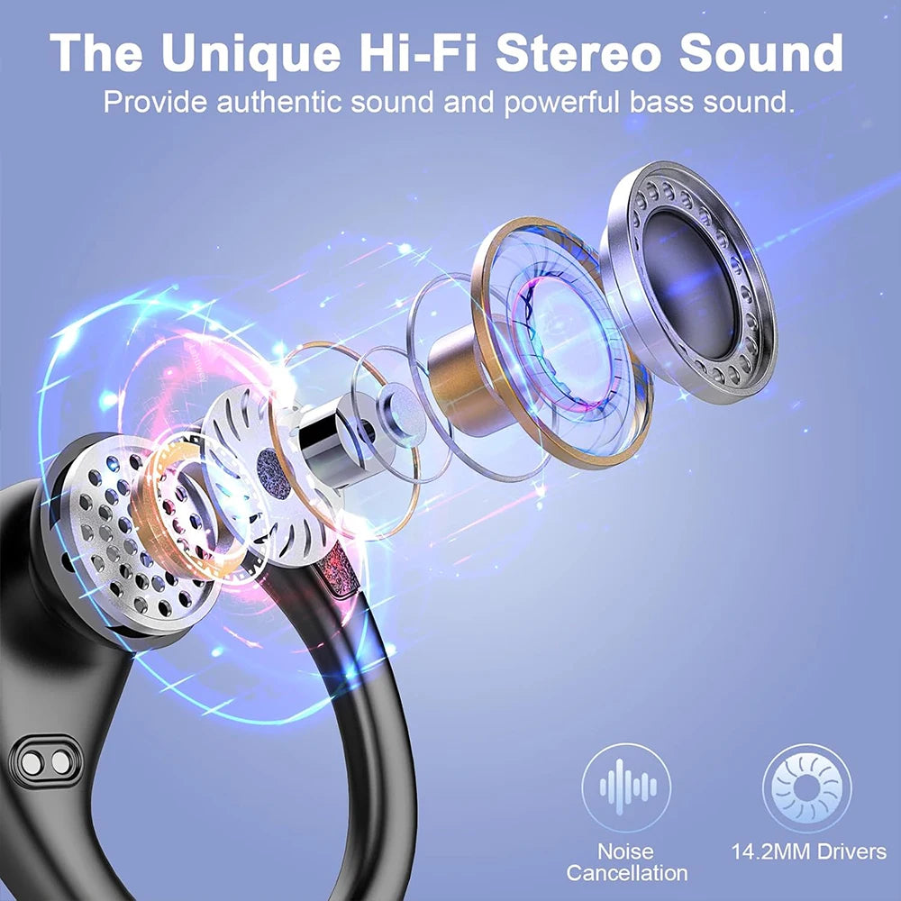 Auriculares inalámbricos deportivos con Bluetooth 5.4, 75 horas de reproducción y micrófono con cancelación de ruido HD ENC, resistentes al agua.