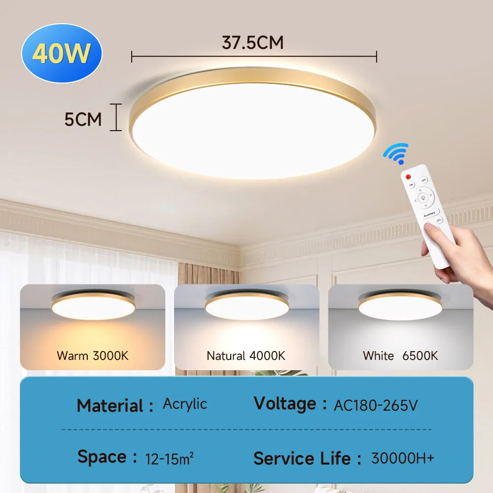 Lámpara de techo LED con atenuación continua, resistente al agua, con control remoto, 30 W, 40 W y 50 W, para sala de estar, dormitorio, cocina.
