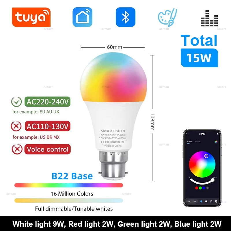 Bombillas LED Tuya con Bluetooth, regulables, 15 W, 18 W, E27, B22, 220 V, RGBCW, cambio de color, aplicación Smart Life, control grupal, ritmo musical y temporizador.