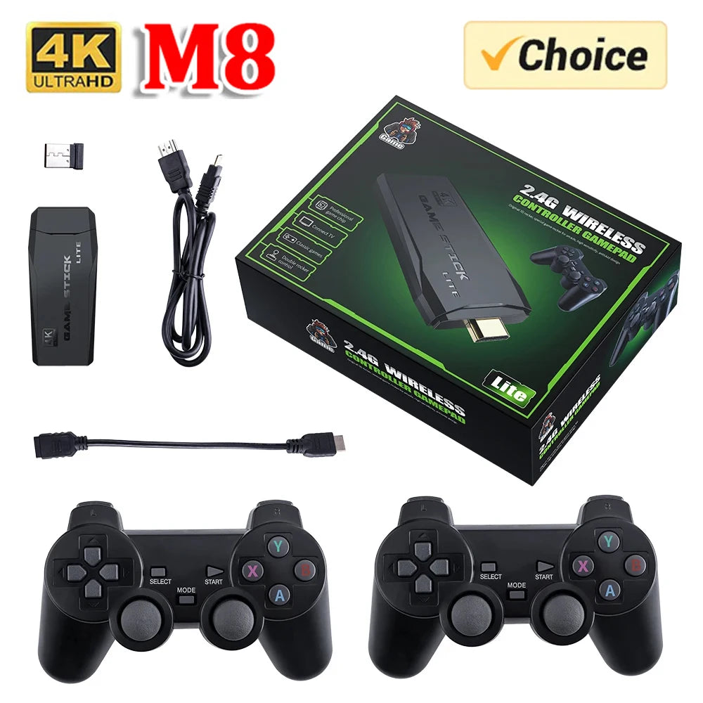 Consola de videojuegos Stick Lite 4K HD M8 de 64 GB con doble mando inalámbrico para 10 000 juegos retro, regalo de Navidad.