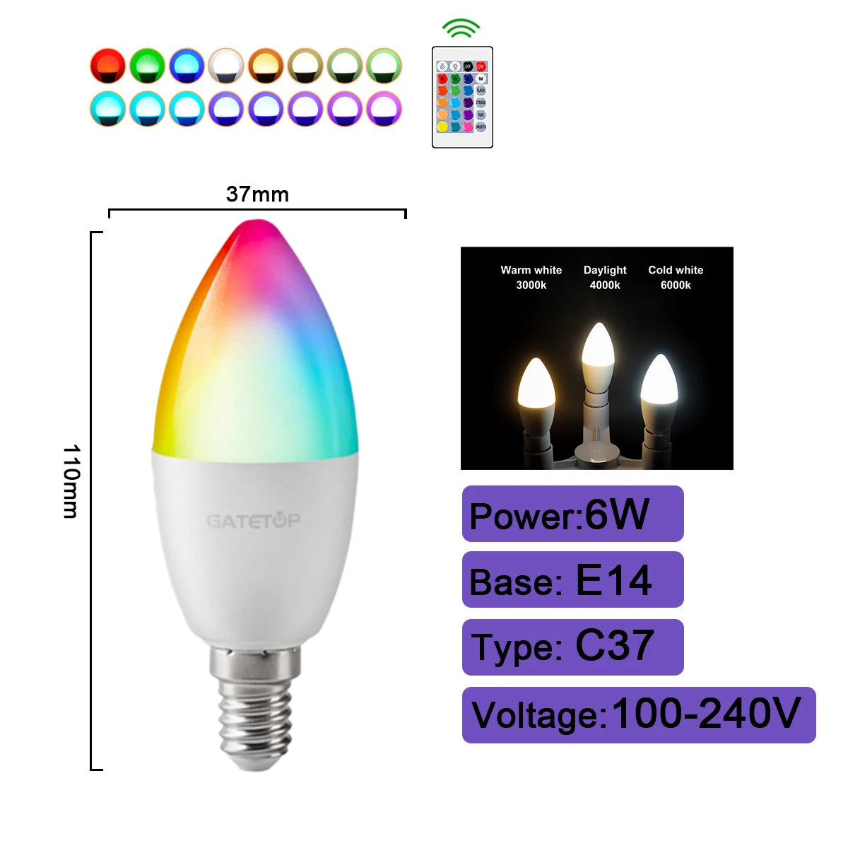 Bombilla LED RGBW inteligente, 1-10 unidades, E27, E14, B22, GU10, con control remoto por infrarrojos, ideal para iluminación colorida del hogar.