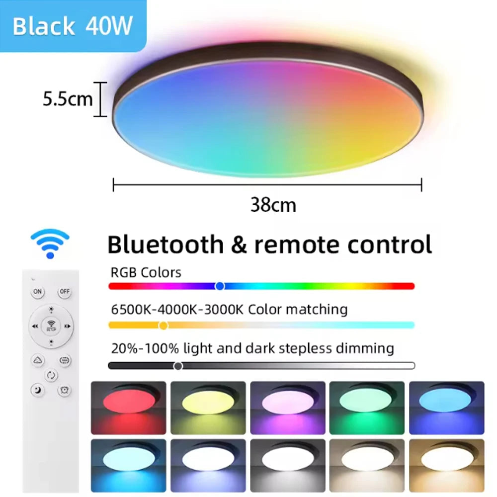 Lámpara de techo inteligente con panel LED regulable a distancia y control Bluetooth para sala de estar, fiesta, decoración RGB