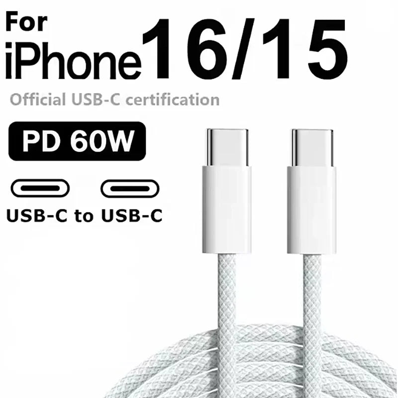 Cable de datos para teléfono móvil, carga rápida tipo C a tipo C, PD 60 W, 1 m, 2 m, para iPhone 15, 16, 17, Samsung, Huawei, USB C a C