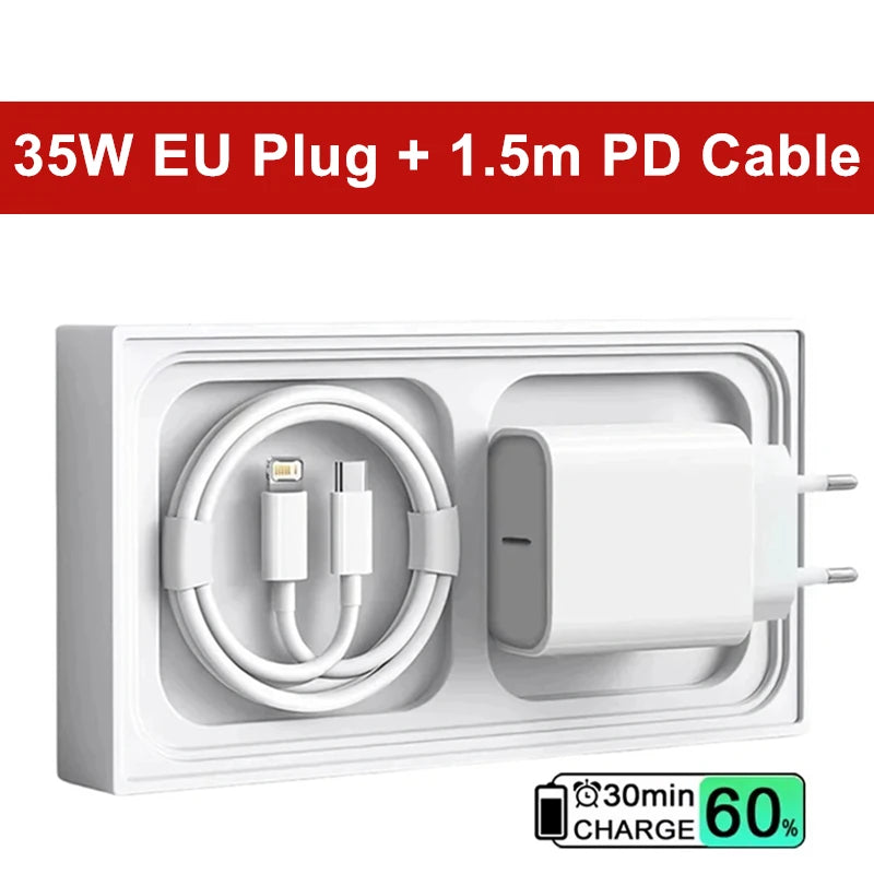Cargador rápido USB-C PD de 35 W para iPhone 13, 14 Pro Max, 11, 12 mini, X, XR, XS Max, 8 Plus, cable de carga rápida de 1 m, 1,5 m y 2 m