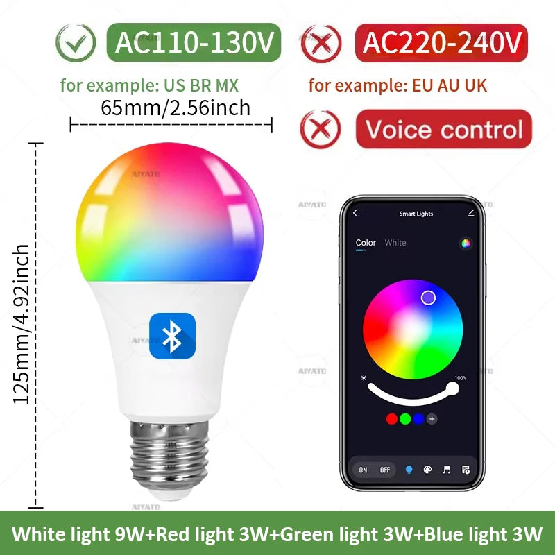 Bombilla inteligente Tuya Bluetooth E27 de 15 W y 18 W, 110 V y 220 V, luz LED RGBCW, control por aplicación, sincronización, aplicación Smart Life, ajuste del ritmo de la música.