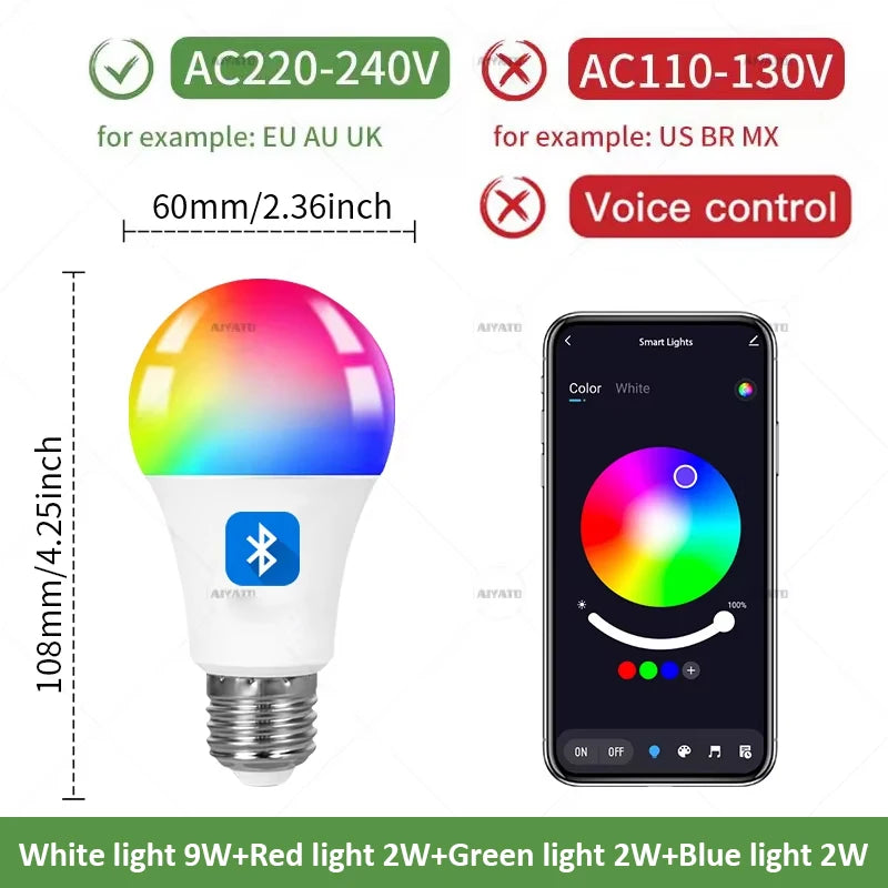 Bombilla inteligente Tuya Bluetooth E27 de 15 W y 18 W, 110 V y 220 V, luz LED RGBCW, control por aplicación, sincronización, aplicación Smart Life, ajuste del ritmo de la música.