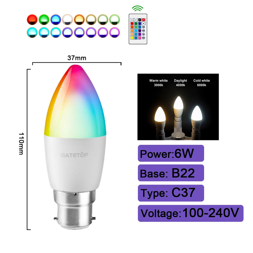 Bombilla LED RGBW inteligente, 1-10 unidades, E27, E14, B22, GU10, con control remoto por infrarrojos, ideal para iluminación colorida del hogar.