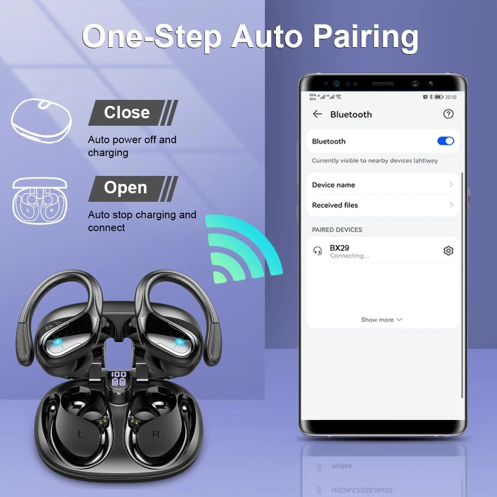 Auriculares inalámbricos deportivos con Bluetooth 5.4, 75 horas de reproducción y micrófono con cancelación de ruido HD ENC, resistentes al agua.