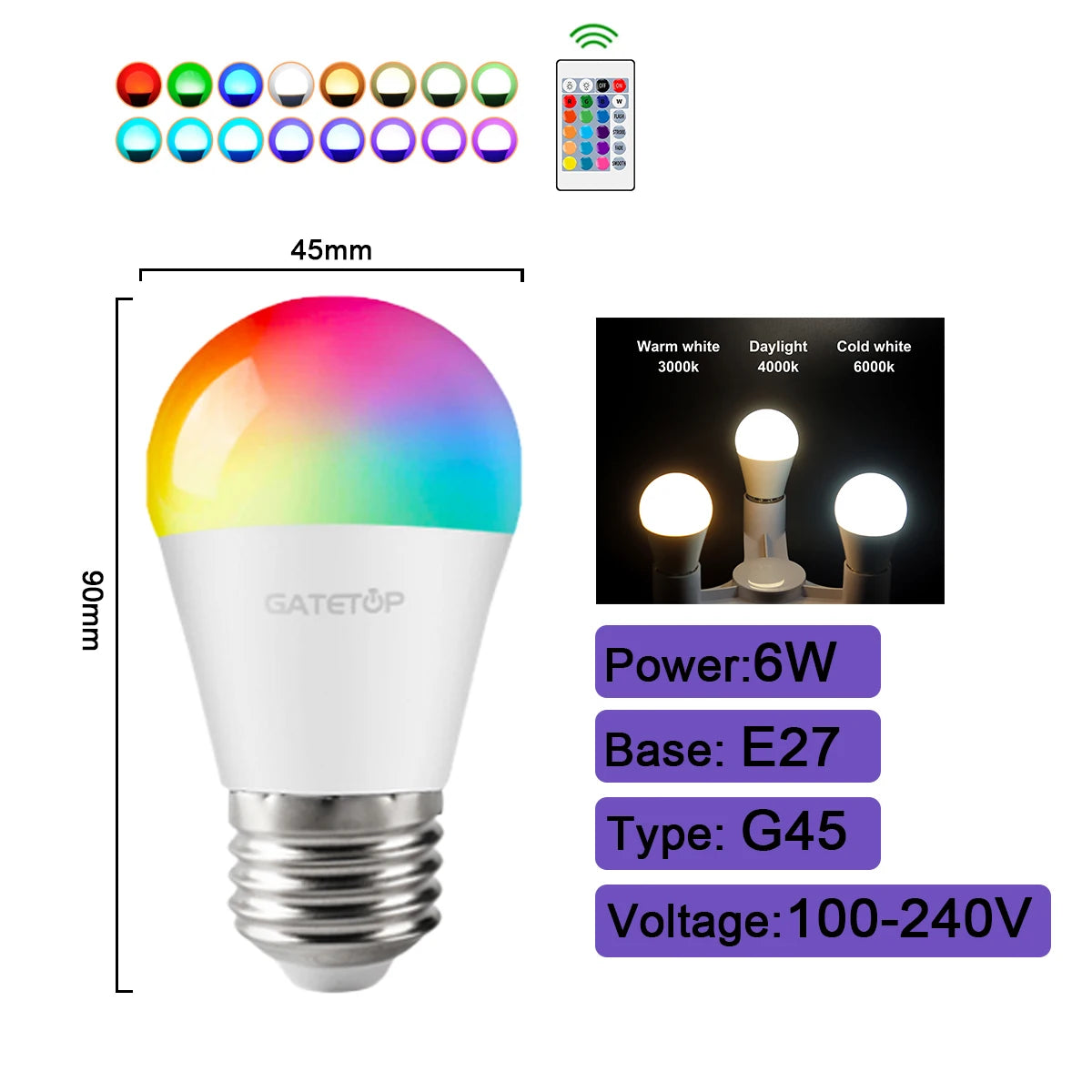 Bombilla LED RGBW inteligente, 1-10 unidades, E27, E14, B22, GU10, con control remoto por infrarrojos, ideal para iluminación colorida del hogar.