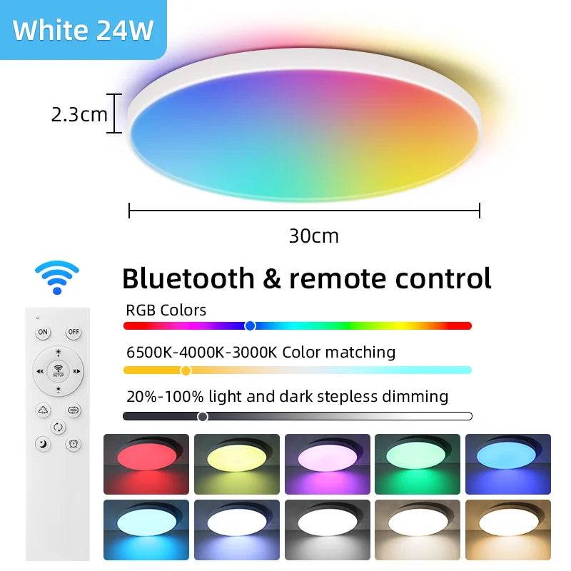 Lámpara de techo inteligente con panel LED regulable a distancia y control Bluetooth para sala de estar, fiesta, decoración RGB