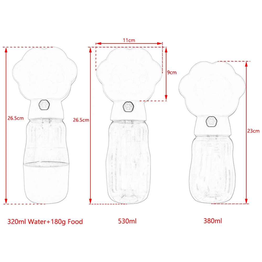 Botella de agua 2 en 1 para perros con recipiente para comida para perros pequeños y grandes, bebedero portátil para exteriores para cachorros y gatos.