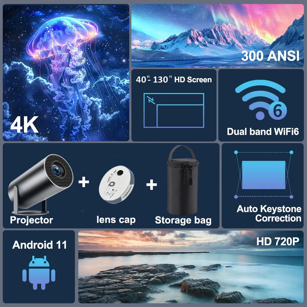 Proyector DITONG HY300 Plus Android 4K 1280*720P Dual Wifi 300ANSI Video Cine al aire libre Portátil hogar hd led HY300 Pro Proyector