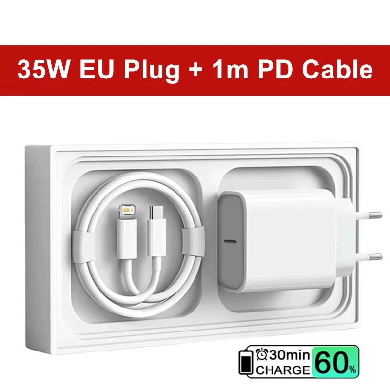 Cargador rápido USB-C PD de 35 W para iPhone 13, 14 Pro Max, 11, 12 mini, X, XR, XS Max, 8 Plus, cable de carga rápida de 1 m, 1,5 m y 2 m