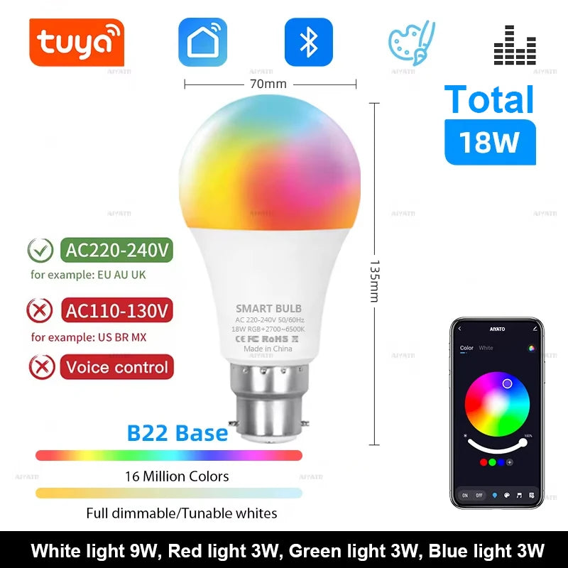 Bombillas LED Tuya con Bluetooth, regulables, 15 W, 18 W, E27, B22, 220 V, RGBCW, cambio de color, aplicación Smart Life, control grupal, ritmo musical y temporizador.