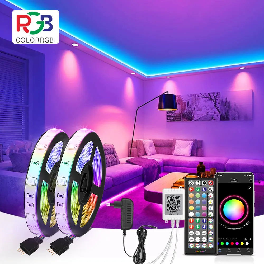 (Enchufe UE) Tira de luces LED RGB con sincronización musical, cambio de color, micrófono integrado, aplicación, luces LED, 12 V CC, flexible