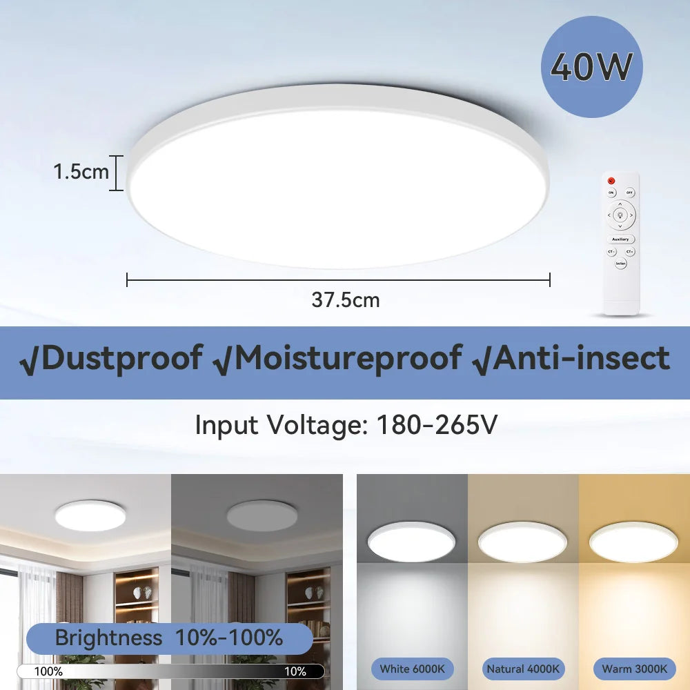 Lámpara de techo LED con atenuación continua, resistente al agua, con control remoto, 30 W, 40 W y 50 W, para sala de estar, dormitorio, cocina.