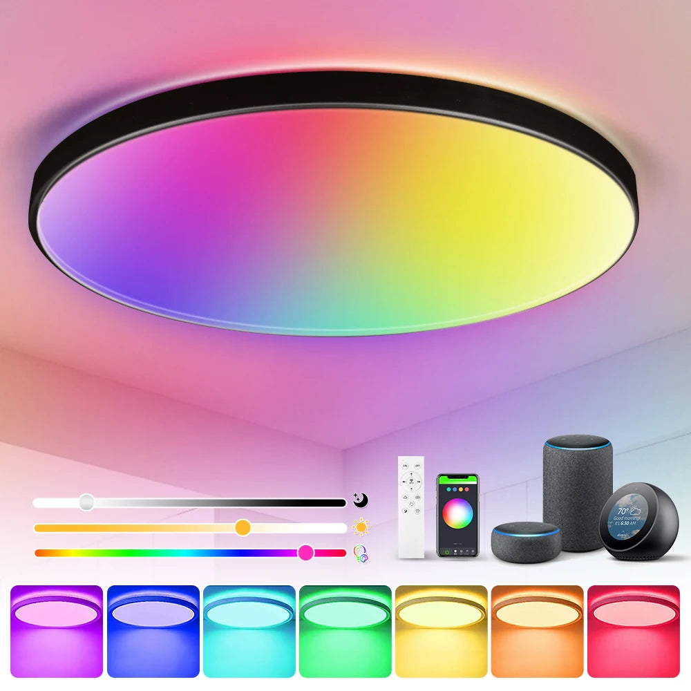 Lámpara de techo inteligente con panel LED regulable a distancia y control Bluetooth para sala de estar, fiesta, decoración RGB
