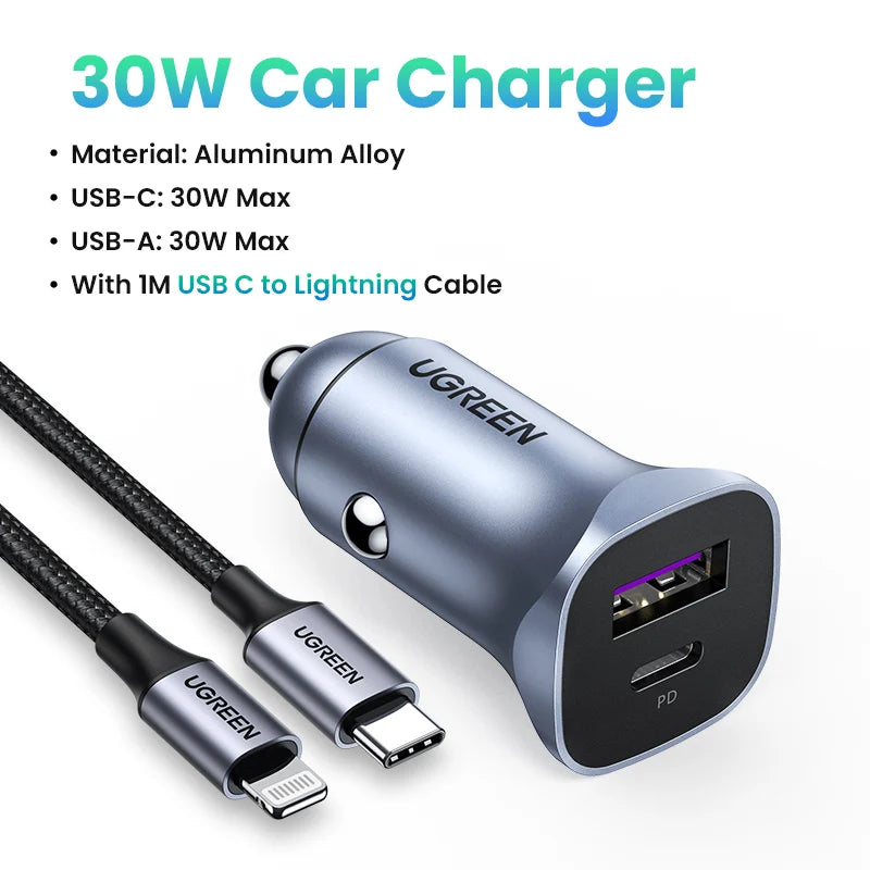 Cargador de coche UGREEN tipo C, cargador USB rápido para iPhone 17, 16, 15, Xiaomi, carga rápida 4.0 3.0, cargador de teléfono móvil PD