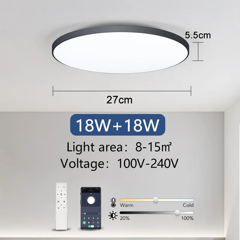 Lámpara de techo LED inteligente de 36 W y 50 W, regulable, moderna, con control remoto por aplicación para dormitorio y sala de estar.