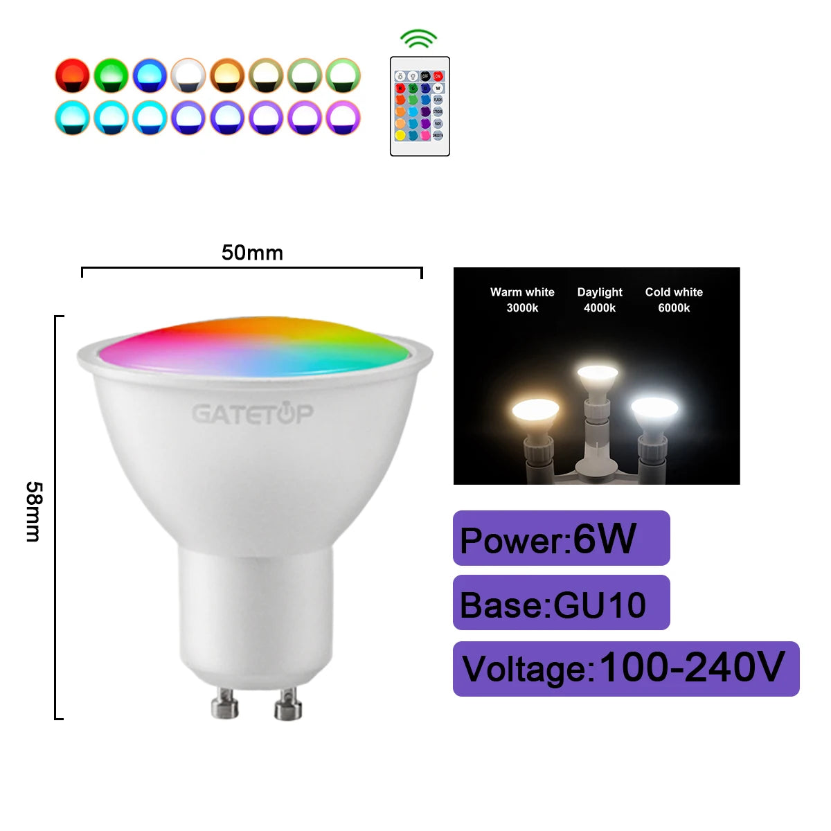 Bombilla LED RGBW inteligente, 1-10 unidades, E27, E14, B22, GU10, con control remoto por infrarrojos, ideal para iluminación colorida del hogar.