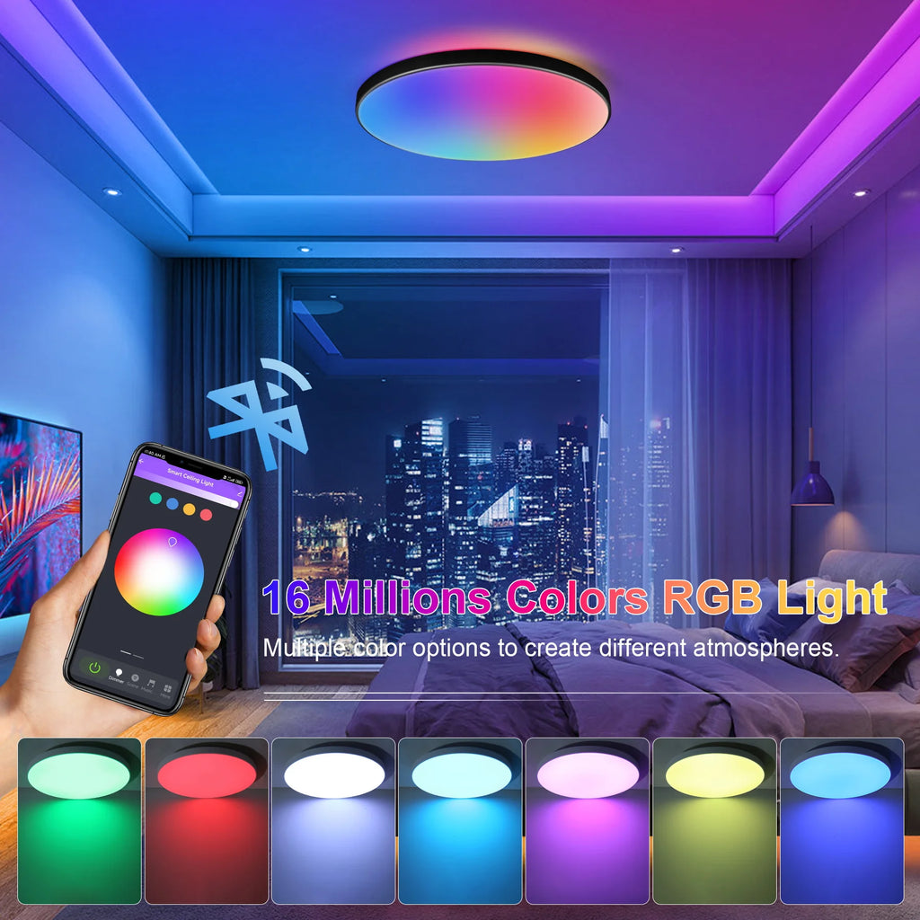 Lámpara de techo inteligente con panel LED regulable a distancia y control Bluetooth para sala de estar, fiesta, decoración RGB