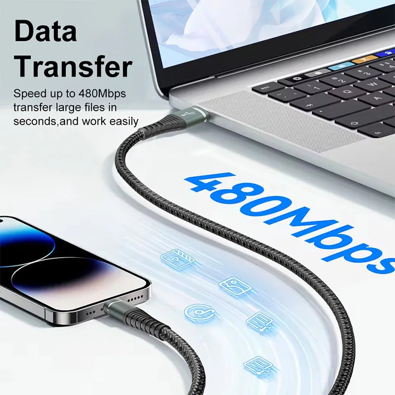 Cable de datos USB C de carga rápida de 3 A para iPhone 17, 16, 15 Pro Max, iPad Pro, MacBook, Samsung, Huawei, tipo C, Carplay, cable trenzado de nailon.