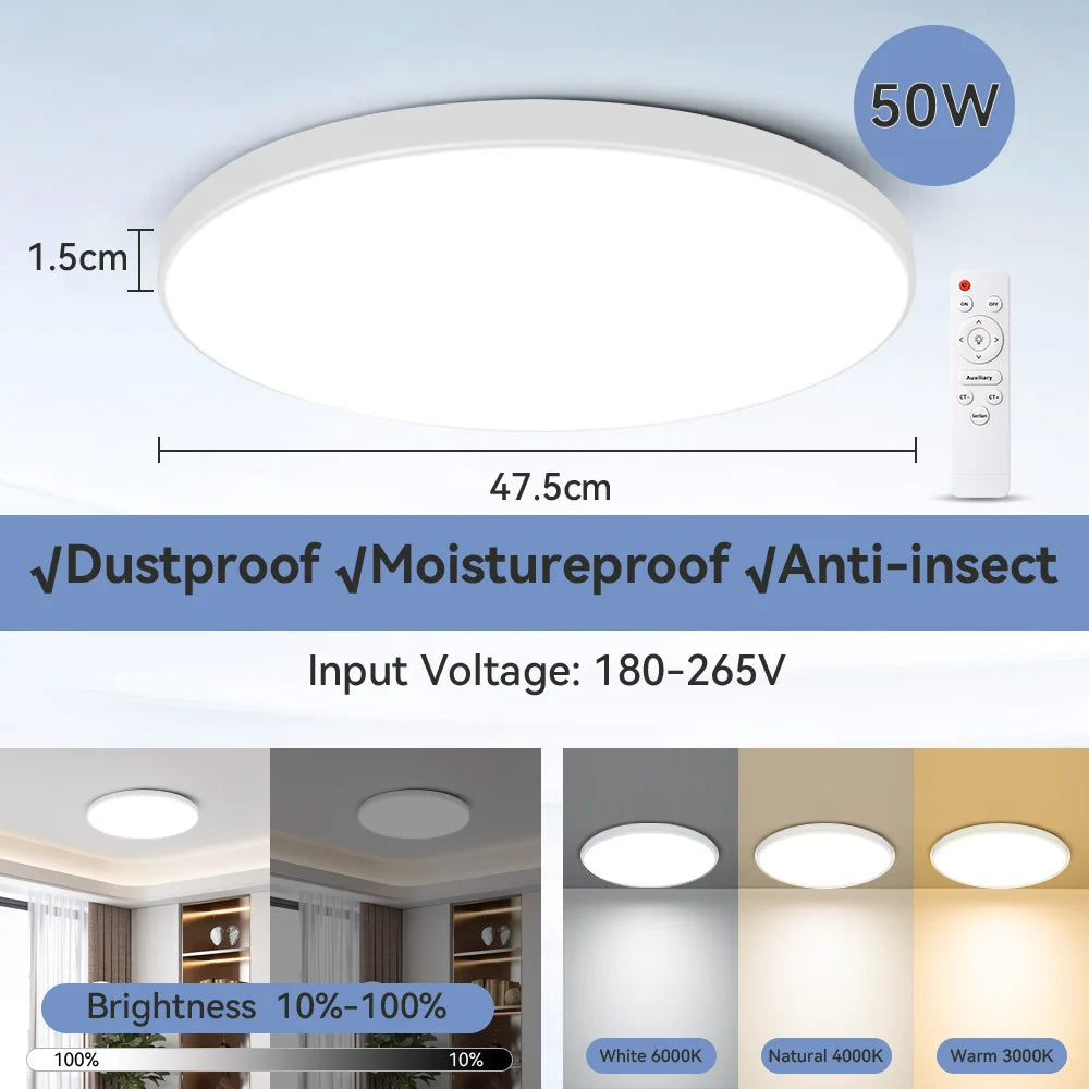 Lámpara de techo LED con atenuación continua, resistente al agua, con control remoto, 30 W, 40 W y 50 W, para sala de estar, dormitorio, cocina.