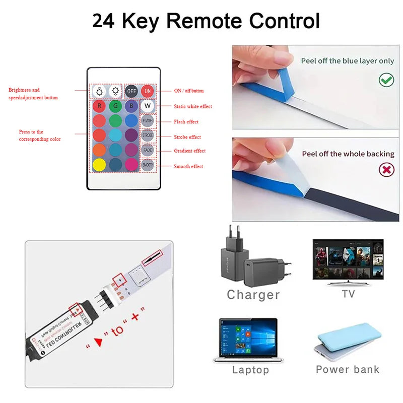 Tira de luces LED con Bluetooth SMD 5050 RGB, control remoto por aplicación, cinta flexible de diodo, iluminación de fondo para TV, sala de juegos, decoración del hogar