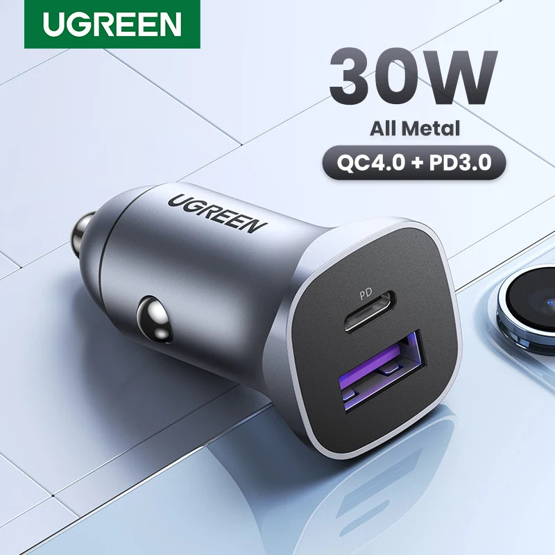 Cargador de coche UGREEN tipo C, cargador USB rápido para iPhone 17, 16, 15, Xiaomi, carga rápida 4.0 3.0, cargador de teléfono móvil PD